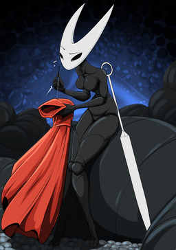 2_horns 5_fingers anthro biped black_body black_eyes breasts cloak clothing eyebrows featureless_breasts female fingers horn melee_weapon needle_and_thread nude pupils red_cloak red_clothing sewing sewing_needle sitting solo thread weapon white_pupils vale-city hollow_knight_(franchise) team_cherry hornet_(hollow_knight) arthropod 2025 absurd_res hi_res