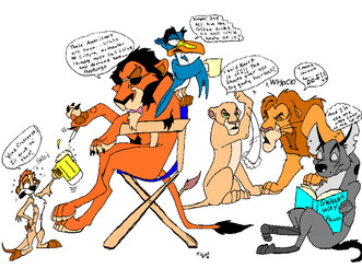 backstage black_eyewear black_glasses book coffee_cup container cup dialogue director's_chair drinking_coffee drunk eyewear face_slap feral glasses holding_beer holding_beer_mug holding_book holding_object reading reading_book substance_intoxication nduli disney the_lion_king the_pride_lands_online ed_(the_lion_king) nala_(the_lion_king) scar_(the_lion_king) simba_(the_lion_king) timon zazu_(the_lion_king) avian bird bucerotiform felid herpestid hornbill hyena lion mammal meerkat pantherine 1996 digital_media_(artwork) pixel_(artwork) tagme