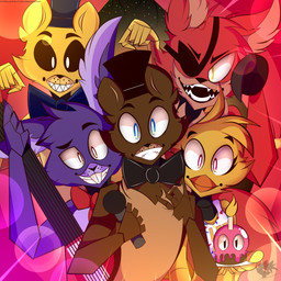 anthro beak bib black_nose black_sclera blue_eyes bow_tie brown_body brown_fur buckteeth electric_guitar eye_patch eyebrows eyelashes eyewear female fingers fur group guitar hook looking_at_viewer machine male musical_instrument open_mouth plucked_string_instrument purple_body purple_fur red_body red_fur sharp_teeth string_instrument teeth tuft white_eyes yellow_body yellow_fur zzmaverickzz five_nights_at_freddy's scottgames bonnie_(fnaf) chica_(fnaf) cupcake_(fnaf) foxy_(fnaf) freddy_(fnaf) golden_freddy_(fnaf) animatronic avian bear bird canid canine chicken fox galliform lagomorph leporid mammal phasianid rabbit robot 1:1 2020 hi_res