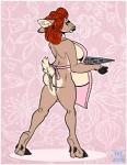 after_transformation anthro apron belly big_belly border butt clothing cookie curled_hair female floral_background food hair housewife looking_back pan pregnant raised_tail solo tail white_border farorenightclaw deer mammal