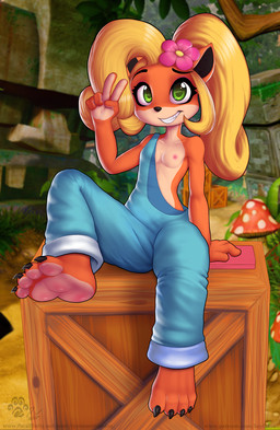 4_toes 5_fingers accessory anthro barefoot black_nose blonde_hair breasts claws clothed clothing crate feet female fingers flower flower_in_hair gesture green_eyes hair hair_accessory hand_gesture long_hair nipples overalls overalls_only pawpads pink_pawpads plant sitting smile soles solo toe_claws toes topless v_sign young young_anthro kaylafox third-party_edit activision crash_bandicoot_(series) coco_bandicoot bandicoot mammal marsupial 2020 digital_media_(artwork) hi_res