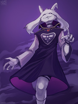 2_horns 5_fingers anthro arm_markings biped black_markings black_sclera cheek_tuft claws clothed clothed_anthro clothed_male clothing facial_tuft finger_claws fingers floppy_ears fur gesture hand_gesture horn jewelry looking_at_viewer lop_ears male male_anthro markings multicolored_clothing multicolored_robe neck_markings necklace pointing pointing_at_viewer print_clothing print_robe purple_background purple_clothing purple_robe robe simple_background smile solo teeth text tuft white_body white_clothing white_eyes white_fur white_robe wrist_markings nurinaki undertale undertale_(series) asriel_dreemurr_(god_form) boss_monster_(undertale) bovid caprine goat mammal 2025 3:4 artist_name digital_media_(artwork) digital_painting_(artwork) hi_res painting_(artwork) url