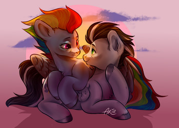 aged_up duo female feral happy male male/female midnight_bats sky skyscape sun sunset wings ariamidnighters friendship_is_magic hasbro my_little_pony mythology rainbow_dash_(mlp) soarin_(mlp) wonderbolts_(mlp) equid equine horse mammal mythological_creature mythological_equine pegasus pony