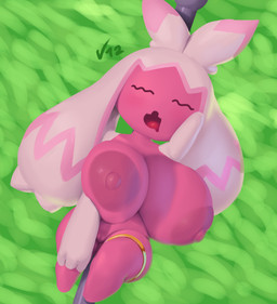 accessory areola big_breasts big_nipples biped bird's-eye_view breasts dwarfism eyes_closed featureless_feet feet female female_humanoid fingers genitals hair hand_on_leg high-angle_view huge_breasts lying monotone_body nipples nude nude_female nude_humanoid on_back open_mouth pink_body pink_hair ring shortstack shortstack_female simple_background sleeping solo text vulva dibujosv12 nintendo pokemon fio_(v12) generation_9_pokemon humanoid pokemon_(species) tinkaton 2025 absurd_res artist_name digital_drawing_(artwork) digital_media_(artwork) hi_res