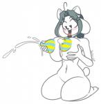 2019 anthro big_breasts bodily_fluids breasts canid canine canis domestic_cat domestic_dog felid feline felis female fur hair lactating mammal milk nipples nude open_mouth simple_background slknight solo tem temmie_(undertale) tongue tongue_out undertale undertale_(series) white_body white_fur