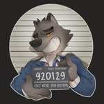 ambiguous_gender anthro black_eyebrows blue_clothing blue_topwear clothing eyebrows fingers fur grey_body grey_fur grin holding_object holding_sign jail_placard looking_at_viewer mugshot number placard sign smile solo teeth topwear pawsve dreamworks the_bad_guys mr._wolf_(the_bad_guys) canid canine canis mammal wolf 1:1 2021 hi_res male_(lore)