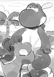 anthro balls bodily_fluids cum detailed_background duo genital_fluids genitals humanoid_hands kemono male oral outside palm_tree plant sitting tree masshiro mario_bros nintendo paper_mario paper_mario_(2000) village_leader_yoshi yoshi 2022 monochrome