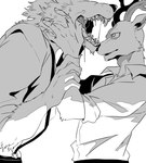 anthro antlers bodily_fluids clothed clothing drooling duo fully_clothed fur grabbing_arm holding_face horn male male/male open_mouth saliva school_uniform uniform beastars legoshi_(beastars) louis_(beastars) sei canid canine canis cervine deer mammal red_deer wolf monochrome