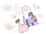 anthro ellipsis hammer humor male piggybank relatable tools にぇと demimen hoegarrden canid canine canis domestic_pig mammal suid suina sus_(pig) wolf 4:3 hi_res