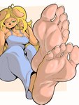 5_toes anthro barefoot blonde_hair bodily_fluids clothed clothing feet female foot_fetish foot_focus green_eyes hair humanoid_feet nails overalls overalls_only plantigrade shirtless soles solo sweat sweaty_feet toes wrinkled_feet wrinkles lesangd_tw maria_(mrvalentim) canid canine canis domestic_dog mammal absurd_res hi_res