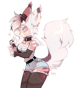 anthro armwear belt blush bottomwear brown_body brown_fur chain chopsticks clothing collar detached_sleeves ear_piercing female food fur glass grey_eyes hair heart_shaped_pupils legwear looking_at_viewer noodles piercing shorts simple_background smile solo tail thigh_highs white_background white_body white_fur white_hair typh typhslut canid mammal