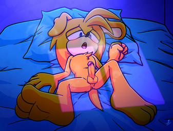 anus aroused balls bangs barefoot bed blue_eyes blush breath erection feet floppy_ears fur furniture genitals glans hair lying lying_on_bed male night nude on_back on_bed panting penis pillow short_hair small_tail solo tail yellow_body yellow_fur xxkenthewolfxx sega sonic_the_hedgehog_(series) fan_character canid canine canis domestic_dog mammal absurd_res hi_res