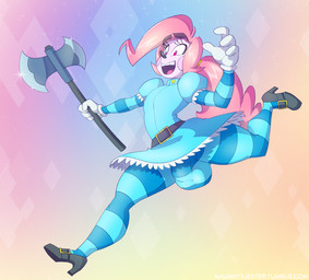 axe big_bulge big_butt blush bulge butt clothed clothing crossdressing double_bitted_axe dress femboy hair leggings legwear looking_back male melee_weapon not_furry pink_hair purple_eyes solo weapon naughtyjester mrs.mayhem humanoid