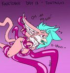 ambiguous_fluids anthro beak_open female fur hair lifted_up mohawk penetration pink_body pink_fur purple_eyes restrained solo teal_hair tentacles tongue koeru kinktober kinktober_2024 mythology koeru_(koeru) avian gryphon mythological_avian mythological_creature digital_media_(artwork) hi_res