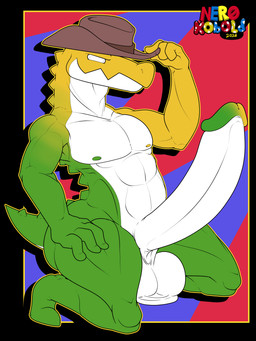 4_fingers abs anthro back_spikes balls biceps big_penis body_spikes brown_clothing brown_hat brown_headgear brown_headwear candy circumcised clothing countershade_face countershade_torso countershading cowboy_hat dessert erection fingers food genitals glans gradient_body green_body green_glans green_nipples gummy_(food) half-closed_eyes hand_on_hat hand_on_leg hand_on_own_leg hand_on_own_thigh hand_on_thigh hat hat_only headgear headgear_only headwear headwear_only huge_penis humanoid_genitalia humanoid_penis kneeling long_penis male mismatched_nipples mostly_nude multicolored_body muscular muscular_anthro muscular_male narrowed_eyes nipples non-mammal_balls non-mammal_nipples pecs penis pose scrotum_flap short_tail simple_background smile solo spiked_tail spikes spikes_(anatomy) squint tail tipping_hat white_body white_eyes white_penis yellow_body yellow_glans yellow_nipples ner0_kobold glitch_productions the_amazing_digital_circus gummigoo_(tadc) alligatorid crocodilian food_creature gummy_creature living_candy reptile scalie 2026 3:4 absurd_res colored digital_drawing_(artwork) digital_media_(artwork) english_description hi_res signature watermark