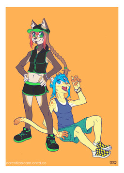 5_fingers anthro baseball_cap biped blue_hair border bottomwear braided_hair braided_ponytail breasts claws clothed clothed_anthro clothed_female clothing crop_top duo ear_piercing ear_ring facial_piercing female female_anthro finger_claws fingerpads fingers furgonomic_hat furgonomic_headwear furgonomics geometric_background hair hands_on_hips hat headgear headwear highlights_(coloring) inner_ear_fluff lip_piercing midriff navel pawpads piercing ponytail pupils ring_piercing shirt shorts simple_background sitting sleeveless_shirt slit_pupils sportswear standing tail tank_top text topwear tuft white_border wristband zipper zipper_topwear narcoticdream dane_furlong ramana domestic_cat felid feline felis mammal 2025 digital_media_(artwork) hi_res url