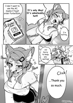 4_panel_comic accessory anthro arctic backpack bag bedroom_eyes big_breasts big_ears biped black_text blush bodily_fluids bottomwear breasts cleavage cleavage_cutout clothed clothed_anthro clothed_female clothing cutout delivery_(commerce) delivery_employee dialogue dolphin_shorts duo electronics emanata eyebrows eyelashes eyes_closed female food hair hair_accessory hairclip hat headgear headwear heart_eyes heart_symbol holding_bag holding_object holding_phone hoodie hotpants inner_ear_fluff long_eyelashes long_hair mouse_ears narrowed_eyes nipple_outline notched_ear off_shoulder open_mouth open_smile ordering ordering_food pawpads phone phone_screen popsicle seductive shirt shorts smile smiling_at_another snout sparkles sweat tank_top text topwear tuft visor visor_cap white_inner_ear_fluff white_speech_bubble white_text appoco uber_eats carrie_(appoco) geleira_(appoco) canid canine fox mammal mouse murid murine rodent 2026 comic digital_drawing_(artwork) digital_media_(artwork) hi_res monochrome