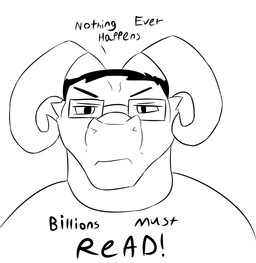 anthro black_hair clothing dialogue eyebrows eyewear glasses hair horn looking_at_viewer male shirt solo text text_on_clothing topwear wearing_glasses gorgonwriting chudjak absurd_res hi_res meme monochrome