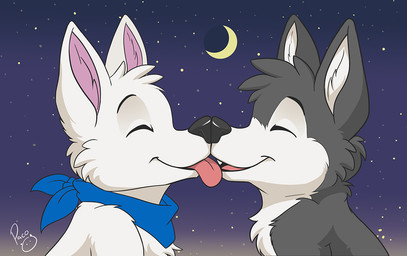 anthro blue_kerchief blue_neckerchief cheek_tuft duo eyes_closed facial_tuft fur grey_body grey_fur head_tuft inner_ear_fluff kerchief logo male moon neck_tuft neckerchief neckwear night nose_to_nose open_mouth open_smile pink_inner_ear_fluff smile star tongue tongue_out tuft white_body white_fur white_inner_ear_fluff young young_anthro young_male pandapaco canid canine mammal artist_logo signature