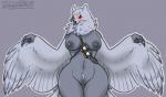 alternate_species anthro areola beak belly belt black_areola blush breasts brown_eyes feathered_wings feathers feet female genitals looking_at_viewer navel nipples non-mammal_breasts non-mammal_nipples nude open_mouth pussy simple_background solo talons thick_thighs toes weapon wide_hips wings wingedwilly blizzard_entertainment overwatch ana_(overwatch) avian bird owl hi_res