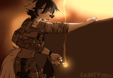 ambiguous_gender cigarette military smoking solo tactical saintversa canid canine mammal hi_res