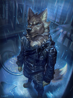 anthro biped black_clothing black_nose blue_eyes bottomwear city clothed clothing detailed_background fur looking_at_viewer male outside raining solo text text_on_clothing text_on_topwear topwear gaby-t canid canine canis mammal wolf 2021 digital_media_(artwork) hi_res