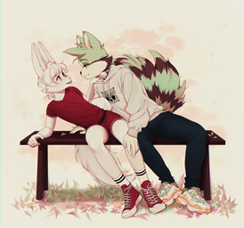 anthro bench black_body black_bottomwear black_clothing black_fur black_pants bottomwear cheek_tuft clothed clothing duo eye_contact facial_tuft fluffy fluffy_tail footwear fur green_body green_clothing green_footwear green_fur green_hair green_shoes hair hoodie imminent_kiss looking_at_another male mouth_closed narrowed_eyes open_mouth orange_clothing orange_eyes orange_footwear orange_shoes pants red_bottomwear red_clothing red_footwear red_pants red_shoes red_topwear shoes short_hair simple_background sitting tail teeth topwear tuft unsigned white_body white_clothing white_footwear white_fur white_hair white_hoodie white_shoes white_topwear yellow_eyes sonyan lagomorph leporid mammal rabbit species_request hi_res