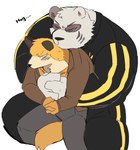 blush clothing duo eyewear hug male male/male size_difference sunglasses text tracksuit hyaku_(artist) odd_taxi fuyuki_yamamoto_(odd_taxi) sekiguchi_(odd_taxi) bear canid canine fox mammal polar_bear ursine english_text hi_res