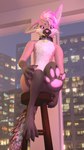 anthro bar_stool blep chair city city_background city_lights cityscape claws collar digit_ring ears_down eyelashes feet fur furniture hair hindpaw jewelry looking_at_viewer male on_chair open_mouth pawpads paws pink_body pink_eyes pink_fur pink_hair pink_nose pivoted_ears ring showing_paws sitting sitting_on_chair smile solo stool tail teeth toe_ring toes tongue tongue_out tuft white_body white_fur skarrfox_(artist) skarrfox canid canine fox mammal rexouium 3d_(artwork) 9:16 blender_(artwork) digital_media_(artwork) hi_res