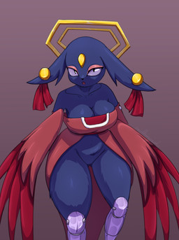 anthro big_breasts black_eyes black_nose blue_body blue_fur bottomless breasts butt butt_from_the_front cleavage clothed clothing ear_piercing eyelashes eyeshadow feathered_wings feathers featureless_crotch female floppy_ears forehead_gem front_view fur gem halo looking_at_viewer lop_ears makeup open_mouth piercing pink_clothing pink_eyeshadow pink_topwear prosthetic prosthetic_leg prosthetic_limb pupils purple_background simple_background slit_pupils solo thick_thighs topwear wide_hips winged_arms wings mothmyosotis nine_sols red_candle_games goumang_(nine_sols) felid feline mammal solarian hi_res