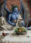 alcohol anthro bacchus bedding beverage blanket blue_body claws clothed clothing container cup drinking_glass fig food fruit fruit_basket furniture glass glass_container glass_cup grape green_eyes grey_body holding_object horn leaf leaf_crown looking_at_viewer male membrane_(anatomy) membranous_wings multicolored_body muscular muscular_male peach_(fruit) pecs plant pose ribbons sitting solo table tail topless two_tone_body wine wine_bottle wine_glass wings furiarossa mythology dragon mythological_creature mythological_scalie scalie 2020 hi_res inspired_by_formal_art signature