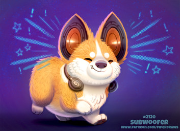 ambiguous_gender electronics exclamation_point eyes_closed feral fur headphones humor pawpads pun purple_background simple_background smile solo speaker star text white_body white_fur yellow_body yellow_fur piper_thibodeau canid canine canis domestic_dog herding_dog mammal pastoral_dog welsh_corgi digital_media_(artwork) digital_painting_(artwork) painting_(artwork) url