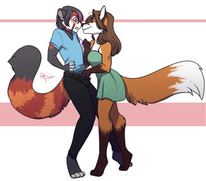 anthro blush clothed clothing duo eyewear female femboy fur glasses hair hand_in_pants heart_symbol male male/female simple_background smile standing redpixie ailurid canid canine fox mammal red_panda