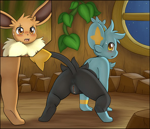 all_fours ambiguous_gender anthro anus big_ears black_body black_border black_fur blue_body blue_fur blush border brown_body brown_eyes brown_fur cheek_tuft cutaway detailed_background duo embarrassed facial_tuft female female_focus fur genitals head_tuft humanoid_genitalia humanoid_vulva inside leaf looking_at_another looking_back night nude open_mouth plant raised_tail rear_view sky solo_focus star starry_sky tail tongue tuft vines vulva walk-in window yellow_eyes friendlyfeesh nintendo pokemon isolde_(bokurei) light_(bokurei) eevee generation_1_pokemon generation_4_pokemon pokemon_(species) shinx digital_media_(artwork) hi_res female_(lore) nonbinary_(lore)