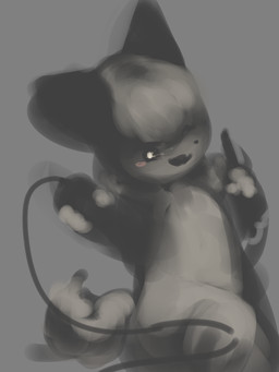 4_fingers anthro bangs black_eyes black_lips black_nose blush computer_mouse cute_fangs eyelashes fangs featureless_chest female fingers fluffy fluffy_tail fur grey_background grey_body grey_ears grey_fur grey_hair grey_tail hair happy kemono lips looking_at_viewer nude open_mouth pupils short_hair simple_background sitting smile solo stick tail teeth white_pupils wire young hasukii herba_(hasukii) canid canine mammal 3:4 unfinished