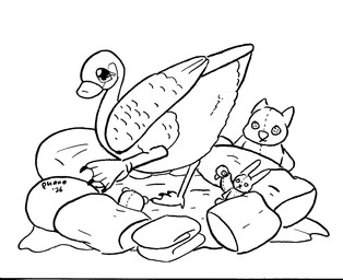 animal_genitalia bedding blanket butt cloaca female feral genitals inviting looking_at_viewer looking_back nest pillow plushie presenting presenting_hindquarters raised_leg solo toony phano anatid anseriform anserine avian bird canada_goose goose hi_res monochrome