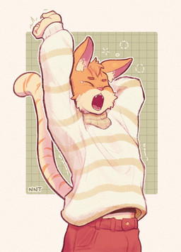anthro bottomwear clothing eyes_closed fangs inner_ear_fluff male open_mouth pants raised_arm sweater tail teeth topwear tuft turtleneck yawn nnt domestic_cat felid feline felis mammal hi_res