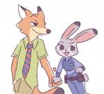 anthro clothing duo female hand_holding male male/female open_mouth open_smile simple_background smile walking white_background buke3jp disney zootopia judy_hopps nick_wilde canid canine fox lagomorph leporid mammal rabbit red_fox true_fox 2019