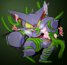 blush bodily_fluids clitoris exclamation_point female feral genitals interrobang membrane_(anatomy) membranous_wings open_mouth penetration plant question_mark saliva sex shaking simple_background solo sweat tears teeth tentacles text tongue vaginal vaginal_penetration vulva wings yellow_eyes kageyama nintendo pokemon generation_4_pokemon gliscor pokemon_(species) japanese_text