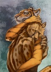 abstract_background ambiguous_gender anthro claws duo fur hug looking_at_viewer orange_eyes romantic romantic_couple simple_background striped_body striped_fur stripes whiskers yellow_eyes blackpassion777 cheetah felid feline king_cheetah mammal pantherine tiger 2011 hi_res