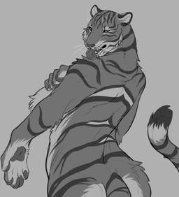 anthro breasts butt female fluffy licking nude seductive self_lick solo thick_thighs tongue nekomata_ftnr felid mammal pantherine tiger greyscale hi_res monochrome sketch