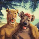 anthro arm_over_shoulder athletic beach blurred_background branch clothed clothing duo ear_piercing ear_ring fur green_eyes grey_body grey_fur hair looking_at_viewer male nipples piercing red_hair ring_piercing tan_body tan_fur tongue tongue_out topless water whiskers satanic_monkey felid hyena lion mammal pantherine 1:1 2017 bust_portrait portrait