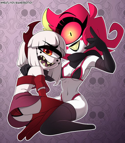 1_eye accessory armwear bikini black_armwear black_clothing black_elbow_gloves black_gloves black_handwear black_legwear black_lips black_stockings black_thigh_highs blush blush_stickers breasts clothing duo elbow_gloves eyelashes fake_horns female freckled_face freckles gloves grin hair hair_accessory hairband hand_on_shoulder handwear horned_hairband legwear lips navel not_furry pink_sclera red_armwear red_clothing red_elbow_gloves red_eyes red_gloves red_hair red_handwear red_legwear red_stockings red_thigh_highs sharp_teeth sitting_on_knees small_breasts smile stockings swimwear teeth thigh_highs two-piece_swimsuit white_hair barryfactory hazbin_hotel hellaverse niffty_(hazbin_hotel) suzie_(barryfactory) cyclops demon humanoid 2023 absurd_res hi_res