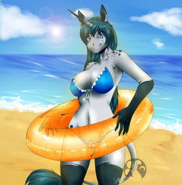 anthro beach bikini bra breasts camel_toe clothed clothing cloud detailed_background female horn inflatable lens_flare looking_at_viewer navel outside panties pool_toy sand seaside skimpy sky smile solo sun swim_ring swimwear tail tail_tuft translucent tuft two-piece_swimsuit underwear water lunarii x-leon-x mythology equid equine mammal mythological_creature mythological_equine unicorn artist_collaboration digital_media_(artwork) portrait shaded signature three-quarter_portrait watermark