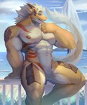 abs anthro areola beach beachside biceps blue_eyes brown_areola brown_horn brown_nipples cloud detailed_background fingers fur hair horn looking_at_viewer male markings muscular muscular_anthro muscular_male muscular_thighs navel nipples open_mouth orange_markings outside pecs sand sea seaside sitting sitting_on_railing sky solo tail teeth tuft water white_body white_fur white_hair yellow_body yellow_fur yellow_tail kult2k mythology dragon mythological_creature mythological_scalie scalie absurd_res hi_res