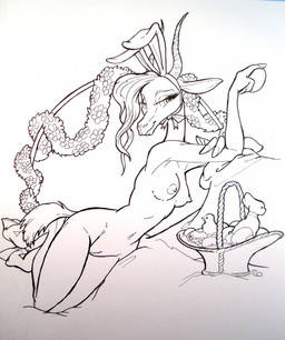 anthro basket bed breasts container easter_egg fake_ears fake_rabbit_ears female flower furniture genitals holidays looking_at_viewer nude plant smile solo vulva vicky_wyman disney easter zootopia gazelle_(zootopia) antelope bovid gazelle mammal hi_res
