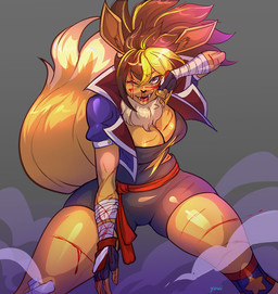 anthro blood bodily_fluids confident_female female fighting_pose pose scratches smile smiling_at_viewer solo yuwi-cyu nintendo pokemon fan_character eevee generation_1_pokemon pokemon_(species) hi_res