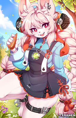 3_toes anthro barefoot braided_hair carrot claws clothed clothing detailed_background ear_piercing feet female food hair inner_ear_fluff long_hair paws piercing plant pupils smile smiling_at_viewer solo thick_thighs toes tuft vegetable white_pupils conditional_dnp teranen mihoyo zenless_zone_zero zhao_(zenless_zone_zero) lagomorph leporid mammal rabbit thiren hi_res