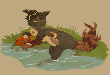 ambiguous_feral ambiguous_gender anatomically_correct anatomically_correct_genitalia anatomically_correct_penis animal_genitalia animal_penis balls blood blood_on_arm bodily_fluids brown_balls brown_body brown_fur brown_hair corpse detailed_background duo feline_genitalia feline_penis feral fur genitals grass hair markings penile_spines penis pink_penis plant river self-harm striped_markings striped_tail stripes tail tail_markings tan_body tan_fur tan_highlights littleperrito warriors_(book_series) fan_character aquatic domestic_cat felid feline felis fish mammal salmon salmonid_(fish) sockeye_salmon 2026 hi_res