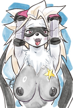 anthro areola blush breasts cybernetic_arm cybernetic_limb female fur grey_body grey_fur hair hands_behind_head mask mechanical_arm nipples open_mouth red_eyes solo star teeth text tongue tongue_out white_body white_fur white_hair nanaeljustice bandai_namco digimon digimon_beatbreak digimon_(species) wolvermon 2025 artist_name hi_res